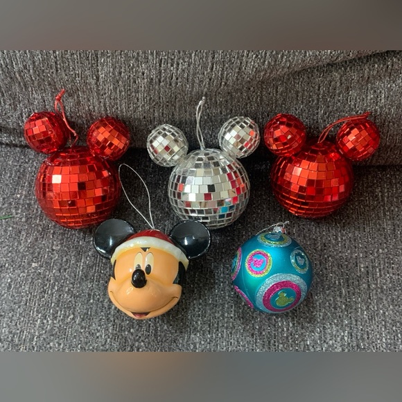 DISNEY VINTAGE MICKEY MOUSE ORNAMENTS 3 Red & Clear Mosaic Mirrored Disco Ball - Picture 1 of 11